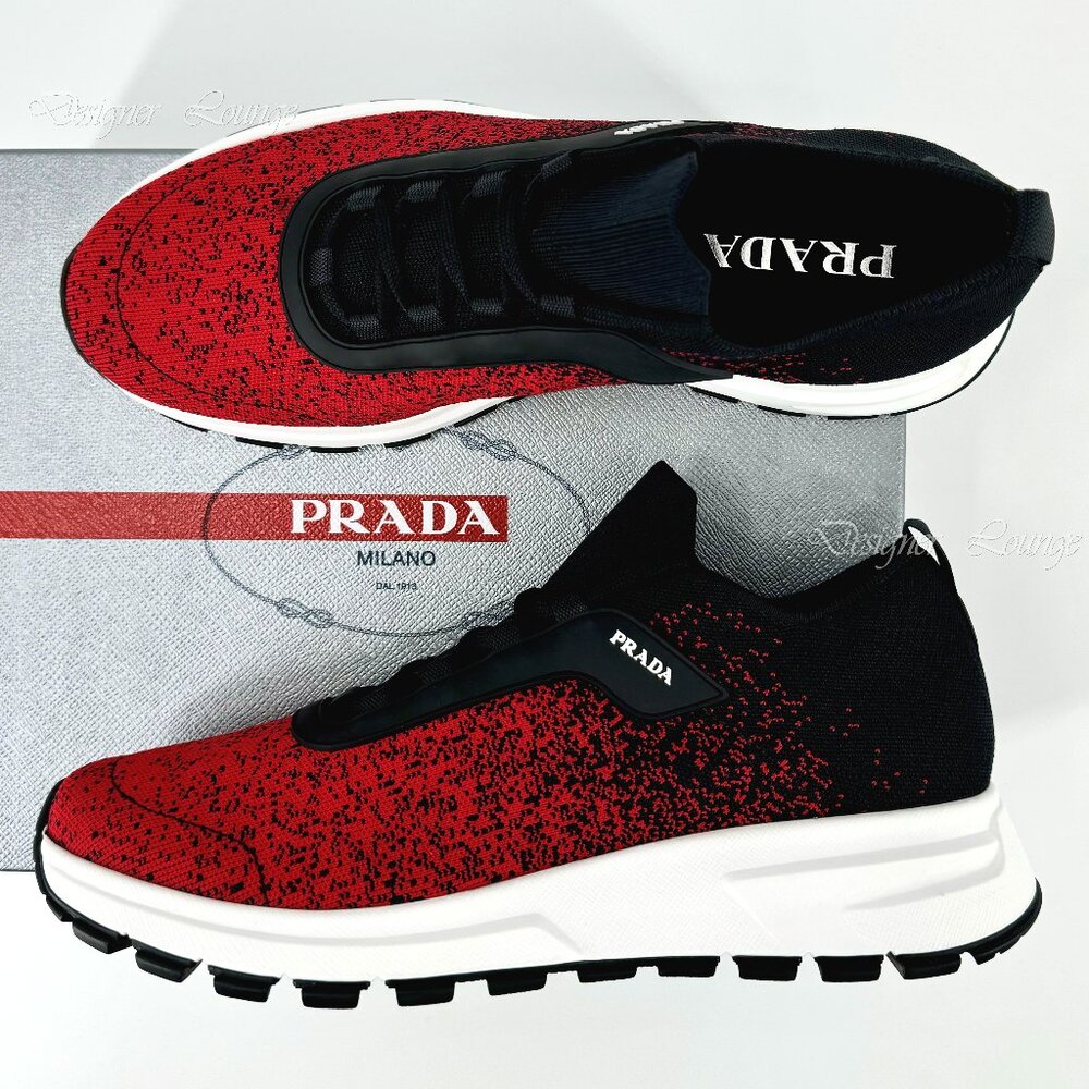 NEW PRADA Men's Knit 2 Red Black Textile Low Top Logo Sneakers UK 7 / US 8